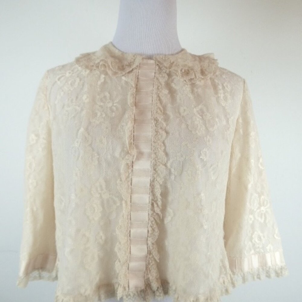 Odette Barsa Bed Jacket lace nude beige top cover up Vintage 50s M L evening